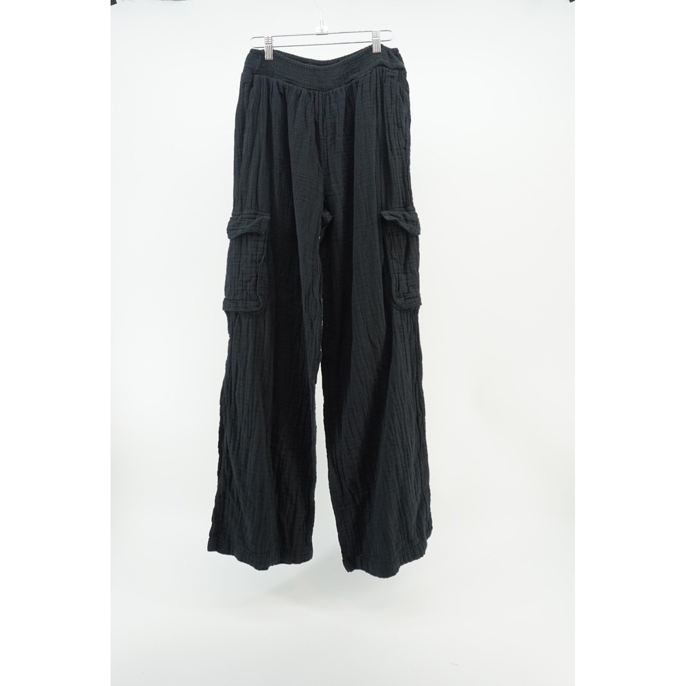Aerie Cargo Pants Gauze Wide Leg Smocked Waist Coastal Loungewear Black Small - Picture 1 of 8